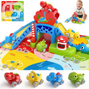 Toddler Toys for 1 2 Year Old Boy Gifts – Educational Dinosaur Slide Set with 4 Color/Number Push Cars and Playmat, Montessori Learning Toy for Baby 12-18 Months, 1st Birthday Present Ages 1-2, Red