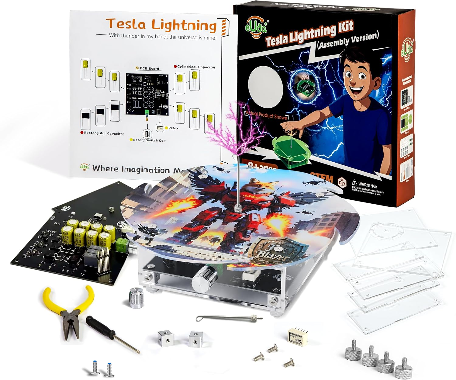 eUda+ STEM Tesla Lightning Kit for Kids&Adults 8-10 11-17 18+ Stem Toys for Ages 8-13 Teen Gift for Boys Girls 13-17 Science Kit for Kids 12-16 Build Your Own Tesla Coil Kit (Assembly Version, FWFB)