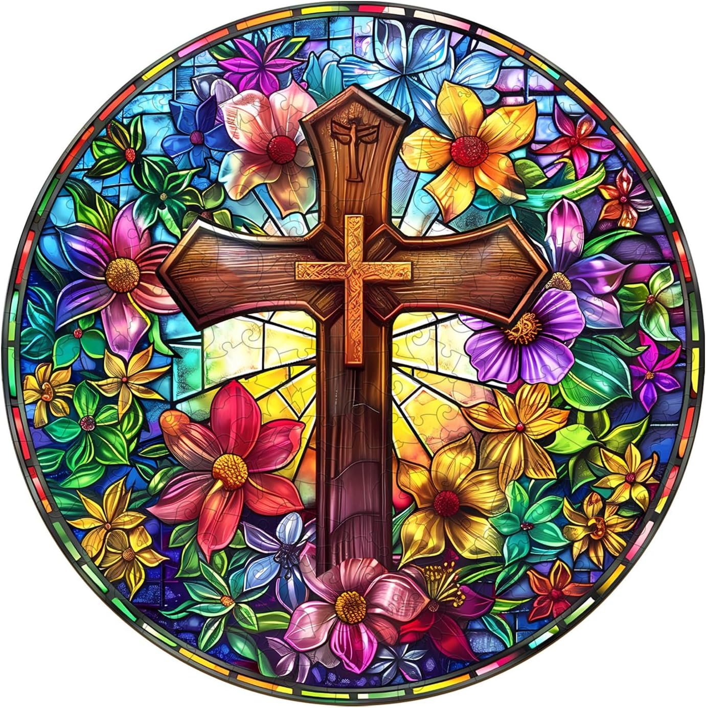 Wooden Puzzles for Adults, Stained Glass Cross Wood Puzzles Adult, Unique Animal Shaped Wooden Jigsaw Puzzle, Birthday Gifts for Friends/Family/Puzzle Lovers, Home Decor(S-8.5 * 8.5in 100pcs)
