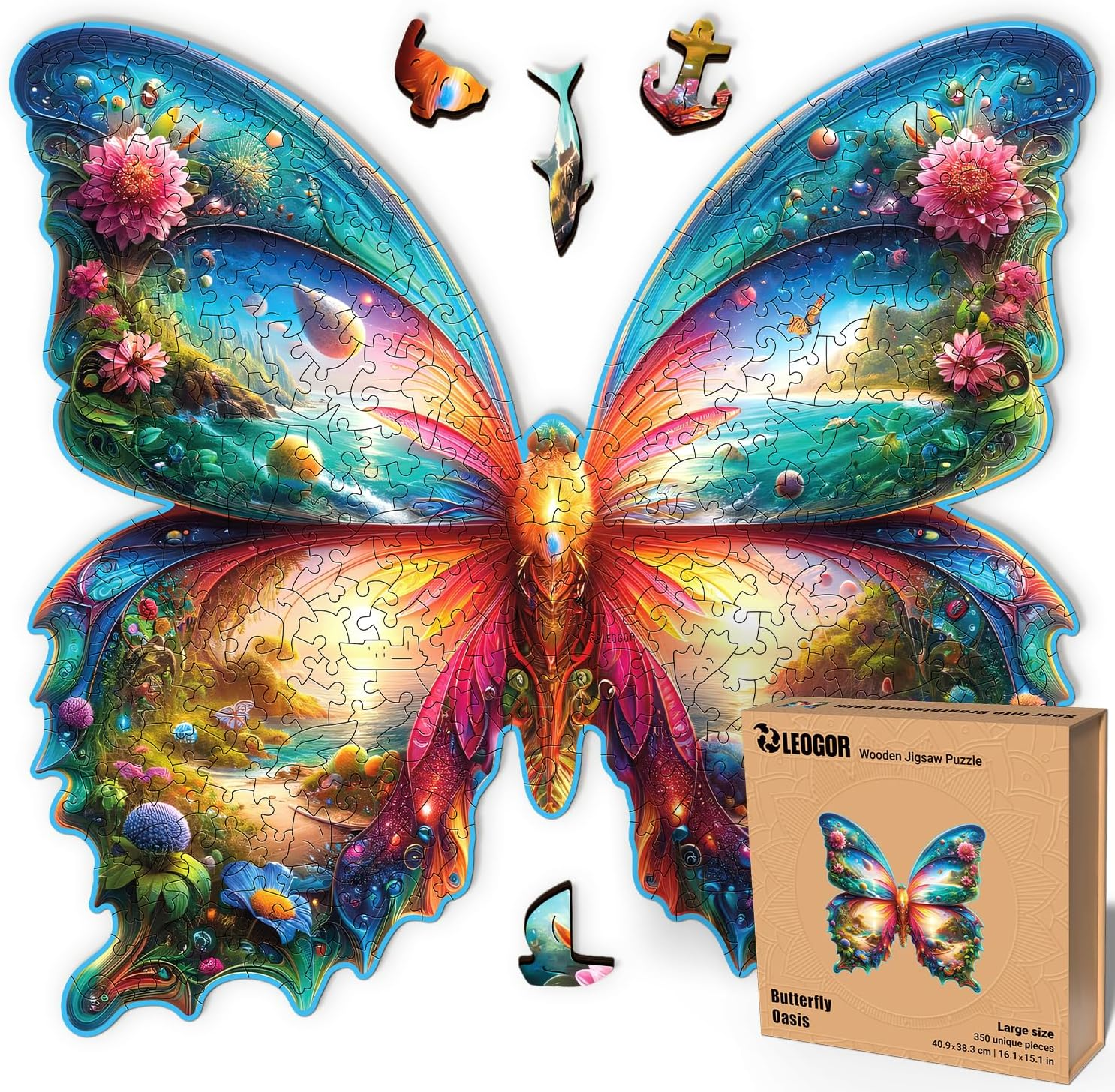 LEOGOR Wooden Jigsaw Puzzles for Adults 350 Pieces (16.1 × 15.1 in), Butterfly Puzzle, Extra-Thick 5mm Wood, Colorful Mosaic with Unique Animal Shapes, Premium Artistic Gift for Adults and Teens