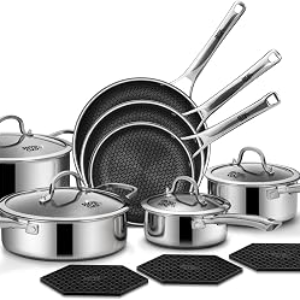 SNOWCLAD Pots and Pans Set Non Stick, 14 Pcs Hybrid Stainless Steel Cookware Sets, Non Stick Frying Pans, Saucepans, Saute Pan & Stock Pot, PFOA Free Kitchen Skillet,Induction Compatible