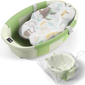 Collapsible Baby Bathtub – Large Baby Bath Tub with Thermometer & Cushion | Travel Portable Newborn Infant Bathtub | Foldable Toddler Bathtub for Baby 0 to 36 Months (Green)