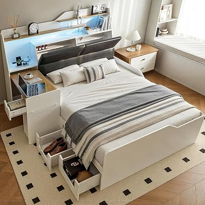 Kikihouse Full Size Platform Bed with Foldable Desk & Storage Headboard | Bookshelf