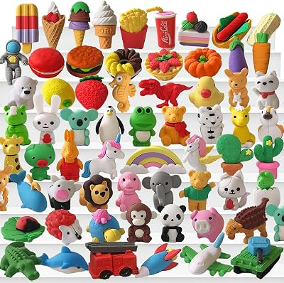 64Pcs Animal Erasers for Kids Cute Pencil Erasers Bulk Desk Pets Puzzle for Classroom Rewards Treasure Box Toys for Boys and Girls Classroom Prizes Party Favors for Kids Back to School Supplies