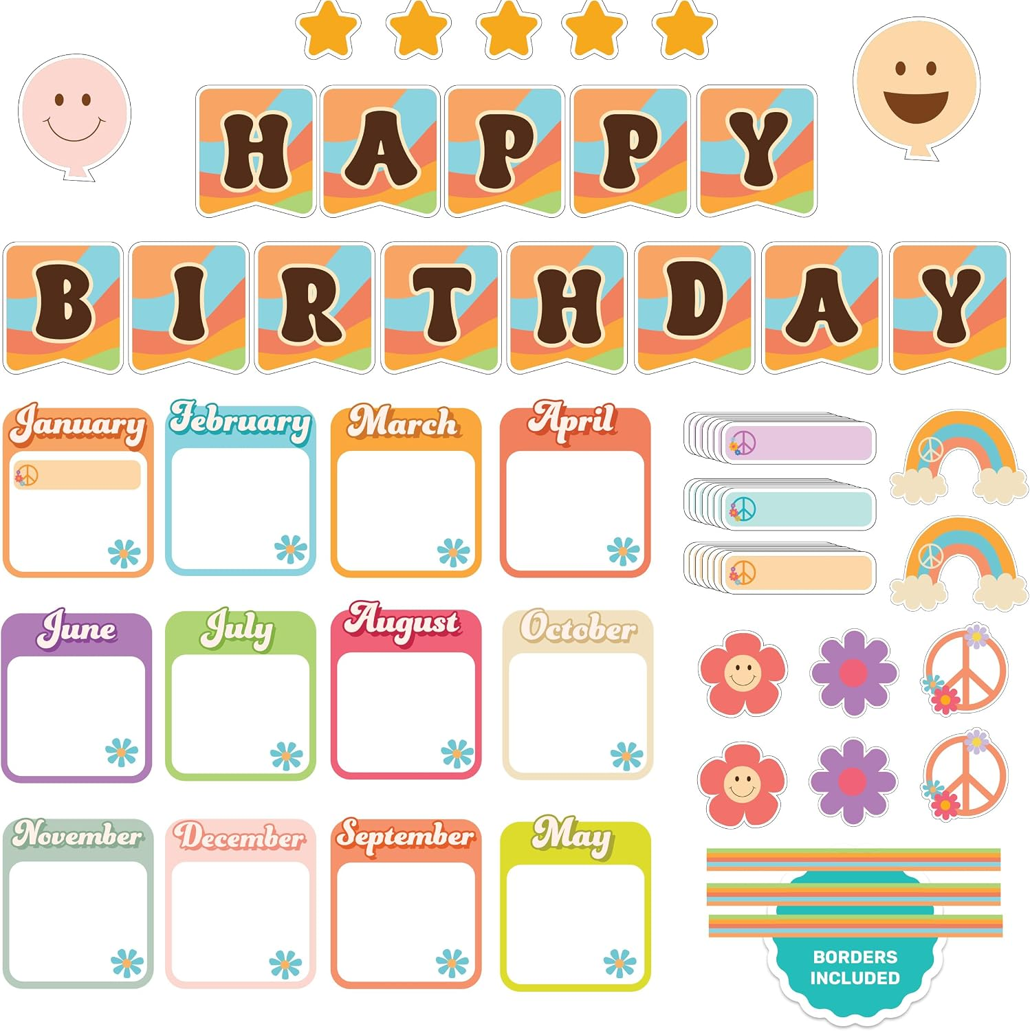 Decorably 81 Pcs Cutouts Groovy Birthday Board Classroom Set with Accompanying Borders - Gloss-Laminated Cardstock, Easy-to-Write-on & Erase, for School Hallways, Study Room