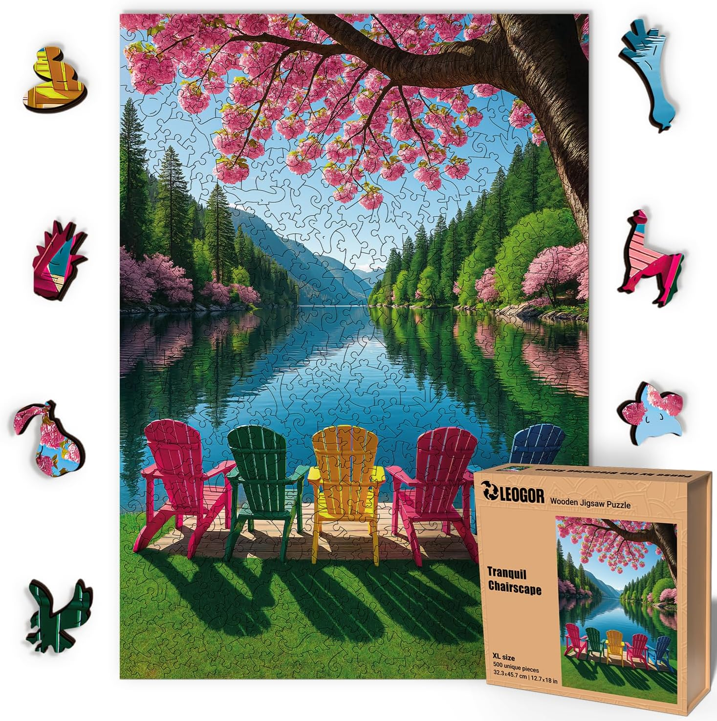 LEOGOR Wooden Puzzles for Adults 500 Pieces (12.7 × 18 in), Tranquil Chairscape Landscape Puzzle, Thick 5 mm Wood, Unique Mosaic Design, Beautiful Nature Gift for Adults & Teens