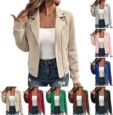 VOGFFR Jackets for Women Trendy,Fall Jackets for Women Full Zip Bomber Lapel Collar Lightweight Coat Textured Jacket with Zipper Pockets