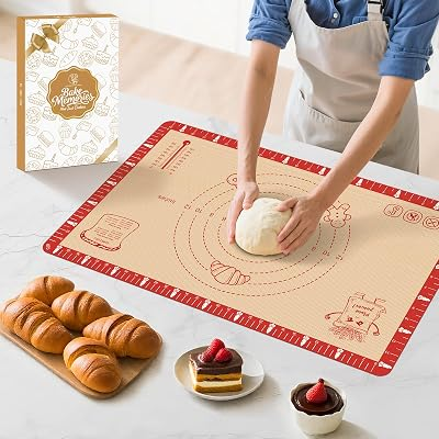 Extra Thick Silicone Baking Mat with Recipes - 26x16 inch Non Stick Pastry Mat with Measurements for Sourdough, Macarons, Bread, Pizza, Dough Rolling, Kneading, Heat Resistant to 4