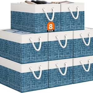 StorageTastic Storage Bin,Collapsible Storage Basket For Organizing,Large Storage Boxes With Rope Handles,Storage Containers,White & Blue,8 Pack