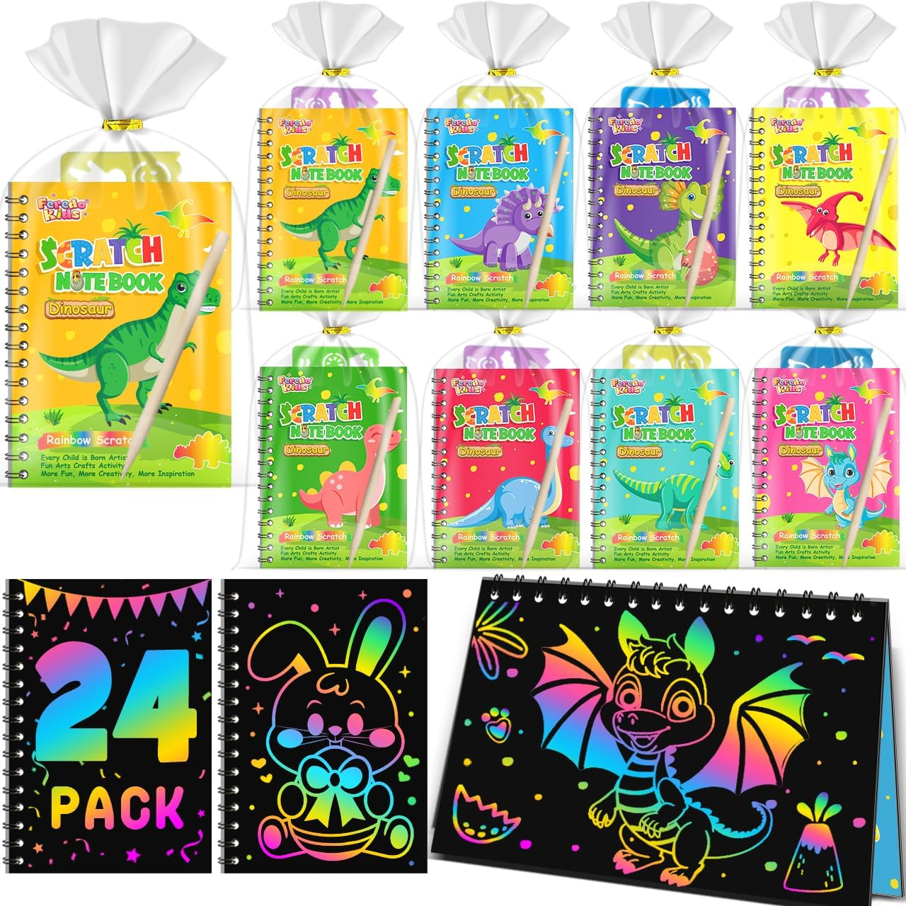 FEREDO KIDS Scratch Art Party Favors for Kids 8-12: 24 Pack Dinosaur Rainbow Scratch Art Notebook, Easter Basket Stuffers, Coloring Books Goodie Bags Stuffers, Classroom Birthday Gifts for Student