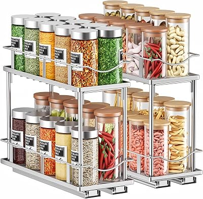 Bunoxea Pull Out Spice Rack 2 Pack,Slide Out Cabinet Spice Rack,Silver