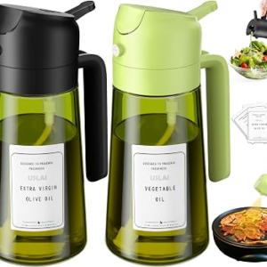 USLAI Oil Sprayer for Cooking, 16oz/470ml 2 in 1 Glass Olive Oil Dispenser Bottle for Kitchen, Air Fryer, BBQ and Salad – Black Green