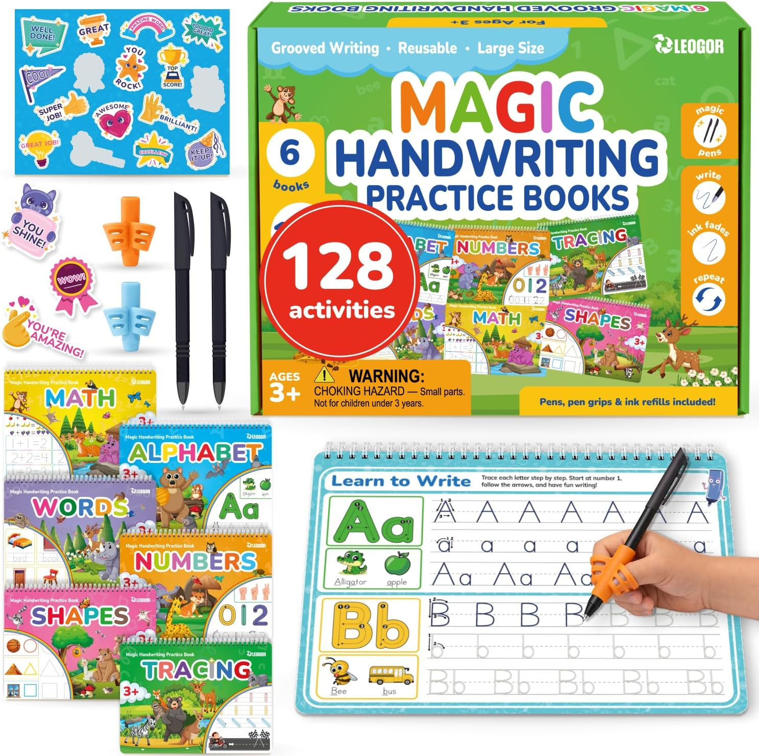 LEOGOR Magic Grooved Writing Practice for Kids - 6 Grooved Writing Books for Kids 3-5 & 6-8 - Disappearing Ink Handwriting Books - Traceable Letters Numbers for Preschool - Reusable Learning Activity