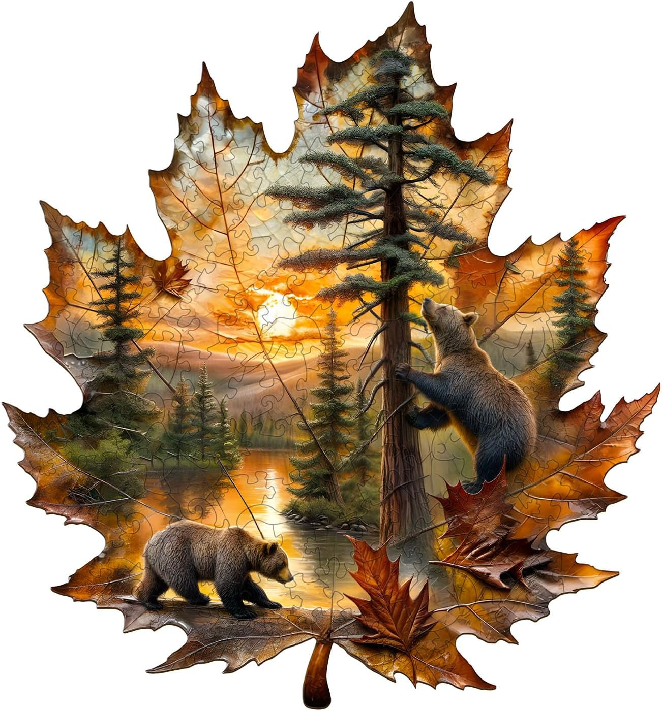 Wooden Puzzles for Adults, Brown Bear Autumn Maple Leaf Wooden Jigsaw Puzzle, Unique Animal Shaped Wood Puzzles Adult,Creative Gifts for Friends/Family/Puzzle Lovers,Home Decor(L-13.4 * 12.4in 220pcs)
