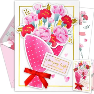 Decorably Gold Foil 5x7in Handmade Individual Mothers Day Card for Wife from Husband with Multi-Layer Cutouts, Red Ribbon, Matching Envelope & Stickers, with Printed Message Inside – Gifting, Mailing
