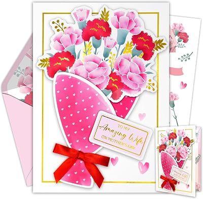 Decorably Gold Foil 5x7in Handmade Individual Mothers Day Card for Wife from Husband with Multi-Layer Cutouts, Red Ribbon, Matching Envelope & Stickers, with Printed Message Inside - Gifting, Mailing