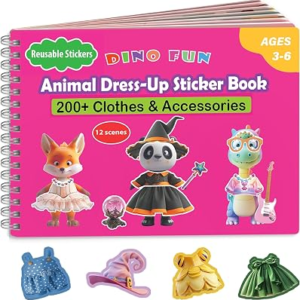 Dino Fun Animal Dress-Up Sticker Book for Kids – Reusable Sticker Pad for Toddlers 2-4 Years, Includes 12 Animals & 200+ Outfits, Travel Activity Toys and Quiet Book Gifts for Girls