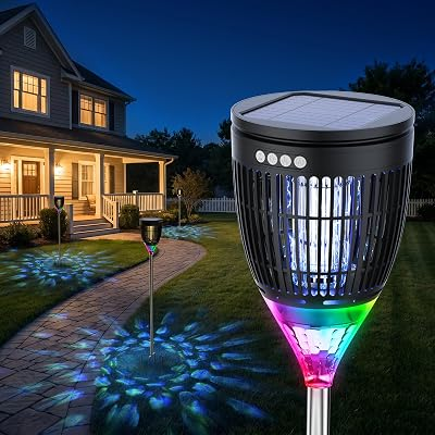 Rossetta Solar Bug Zapper Outdoor, Mosquito Zapper with Flame Lamp & Projector Light, 4200V Electric Fly Zapper Waterproof Rechargeable Mosquito Killer, Cordless Fly Trap for Patio