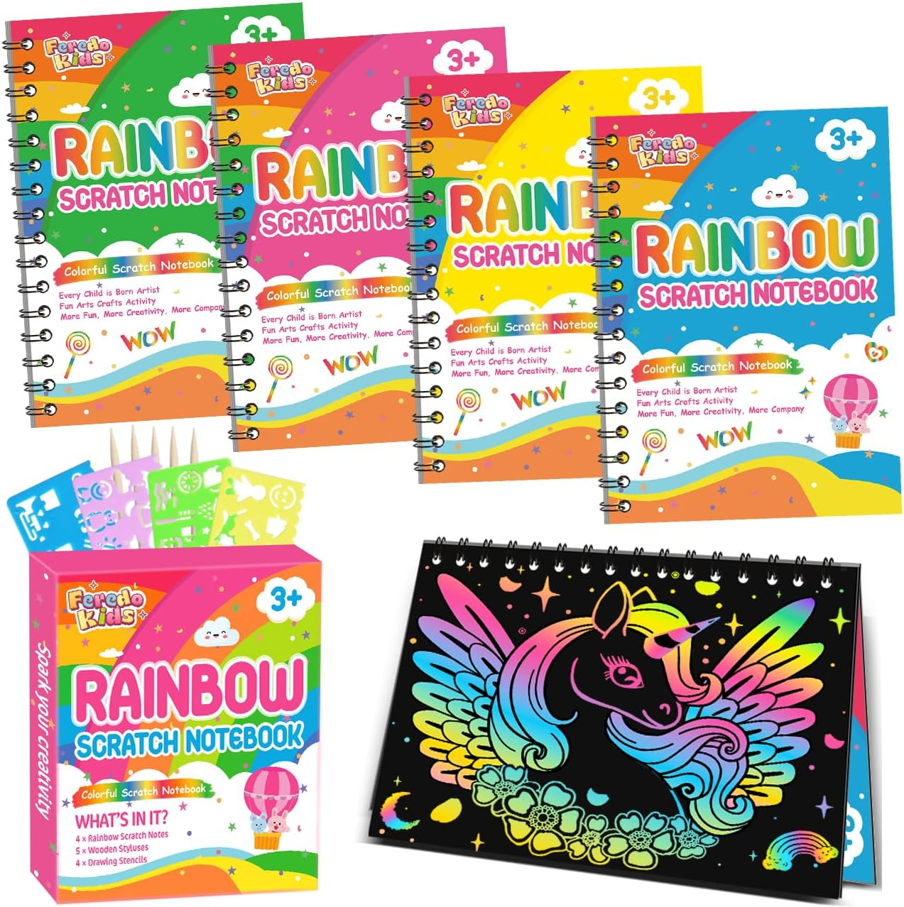 FEREDO KIDS Scratch Paper Art Party Favors for Kids: 4 Pack Rainbow Scratch Notebook, Goodie Bags Stuffers Coloring Books Party Favors for Kids 3-12, Bulk Classroom Birthday Gifts for Student