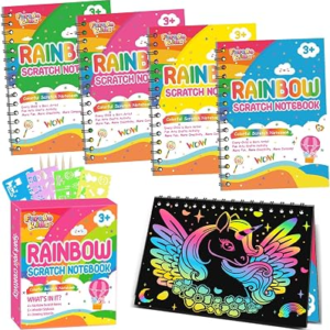 FEREDO KIDS Scratch Paper Art Party Favors for Kids: 4 Pack Rainbow Scratch Notebook, Goodie Bags Stuffers Coloring Books Party Favors for Kids 3-12, Bulk Classroom Birthday Gifts
