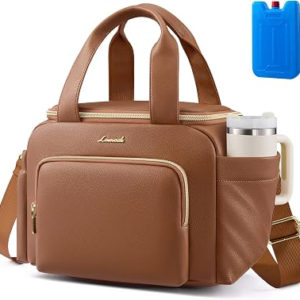 LOVEVOOK Insulated Lunch Bag for Women, PU leather Lunch Box with Shoulder Strap, Wide Opening Adult Large Lunch bags for Work Picnic Beach Family Camping Outdoor Teacher
