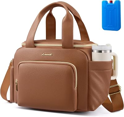 LOVEVOOK Insulated Lunch Bag for Women, PU leather Lunch Box with Shoulder Strap, Wide Opening Adult Large Lunch bags for Work Picnic Beach Family Camping Outdoor Teacher