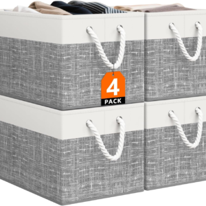StorageTastic Storage Bin,Collapsible Storage Basket For Organizing,Large Storage Boxes With Rope Handles,Storage Containers,White & Grey,4 Pack