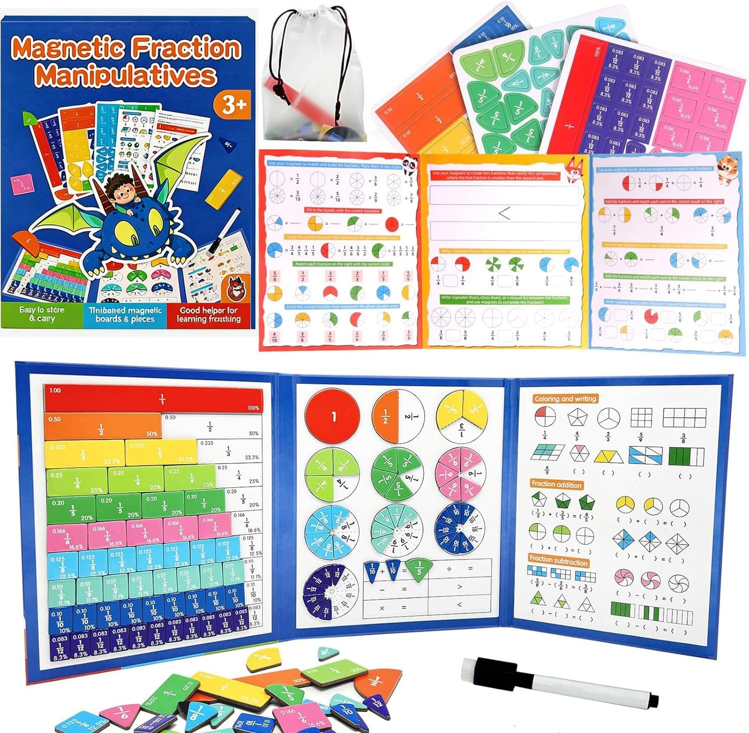 Magnetic Fraction Educational Puzzle, Magnetic Fraction Demonstration Book with Fraction Tiles & Circles, Math Manipulatives for Elementary School, Math Learning Skills for Kids