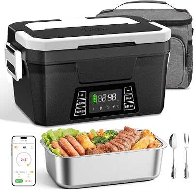 Vabaso Cordless Electric Lunch Box for Adults, App Control Heated Lunch Box with Detachable Battery, 1.2L Self Heating Lunch Box with Timer, Memory & Auto Keep Warm for Work Travel Outdoor