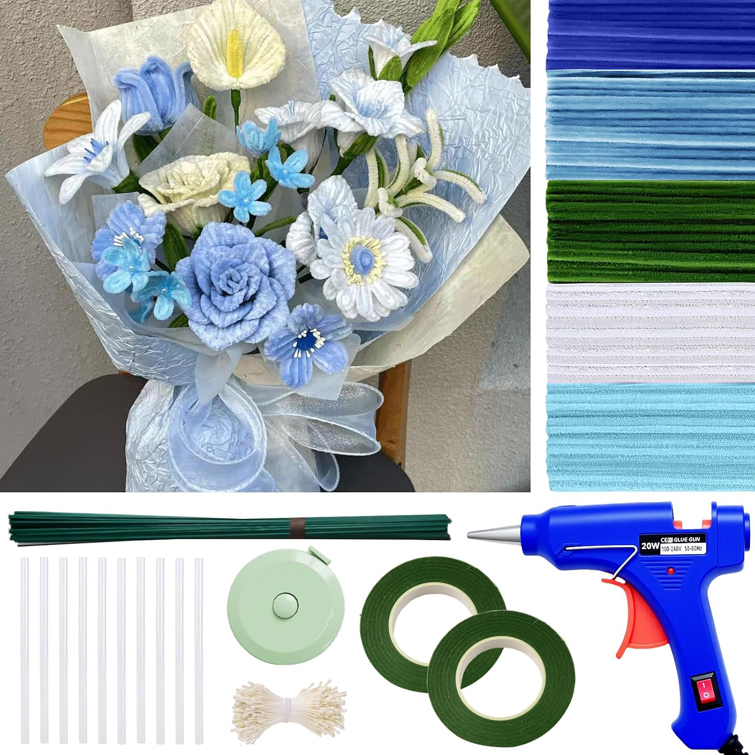 Beginner DIY Pipe Cleaner Craft Starter Kit with Step-by-Step Tutorial Video, 500 Pcs Thick 12in x 8mm Chenille Stems in 5 Colors, Holiday & Room Decor, Family Handmade Projects (Blue)