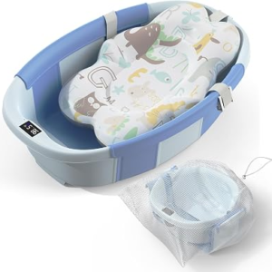 Collapsible Baby Bathtub – Large Baby Bath Tub with Thermometer & Cushion | Travel Portable Newborn Infant Bathtub | Foldable Toddler Bathtub for Baby 0 to 36 Months (Blue)