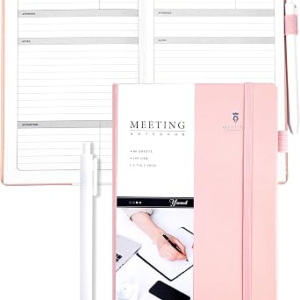 Yoment Meeting Notebook for Work Hardcover with Action Items, 5.5 x 8.5 | Pink hardcover with 100 GSM paper, lay-flat spiral binding, agenda, notes and action items for office meetings