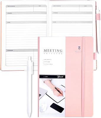 Yoment Meeting Notebook for Work Hardcover with Action Items, 5.5 x 8.5 | Pink hardcover with 100 GSM paper, lay-flat spiral binding, agenda, notes and action items for office meetings