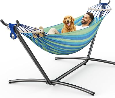 ANAGOO Double Hammock with Stand, 2 Person Hammock with Anti-Rollover Spreader Bar, Adjustable Height Heavy Duty Steel Stand, 500LB Capacity Portable Hammock for Patio Backyard Cam