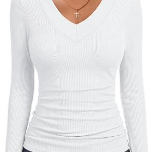 ANRABESS Long Sleeve V Neck Ribbed Shirts