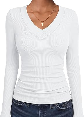 ANRABESS Long Sleeve V Neck Ribbed Shirts