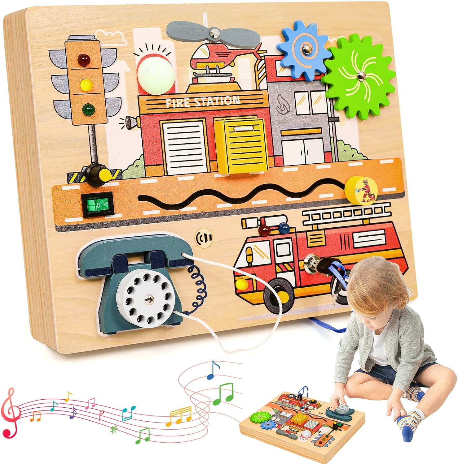 Wdmiya Montessori Busy Board for Toddlers 2-4, Fire Truck Activity Board