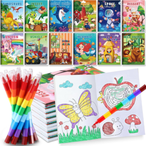 BenLouis Coloring Books for Kids With Stacking Crayons Set Mini Coloring Books Bulk for Ages 4-8-12 Small Activity Books for Birthday Party Gifts Goodie Bags Stuffers Travel（12+12Pcs Colorful）