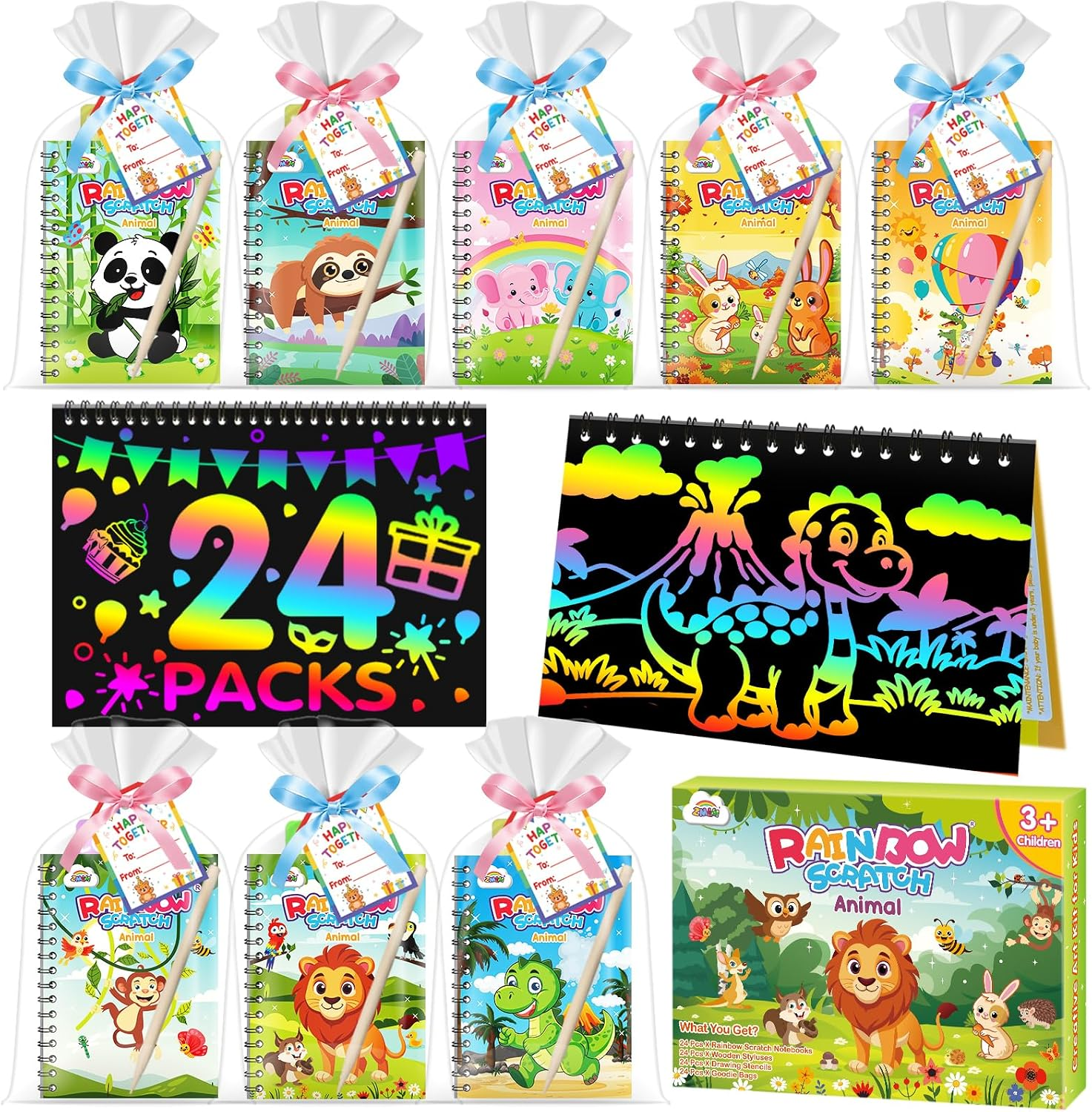 ZMLM 24 Pack Rainbow Scratch Art Party Favors for Kids 4-8 - Mess-Free Birthday Goodie Bags Stuffers, Classroom Prizes Grades 1–3 Creative Paper Notebooks for Pre-K Kindergarten Gifts (Animal, 24)