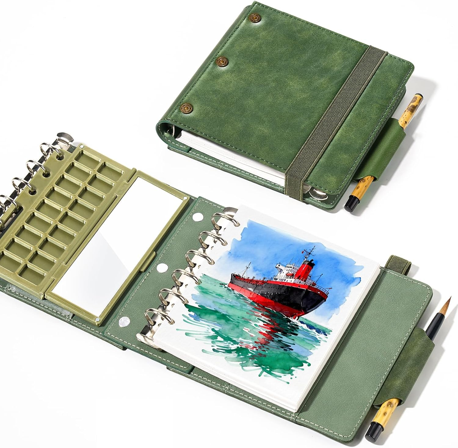 Travel Watercolor Sketchbook with Ceramic Palette- 100% Cotton Hot Press 5.1x4.3 Inch 20Sheets Binder Art Journal with 18 Empty Paint Grids & Travel Watercolor Brushes for Artists Outdoor Painting
