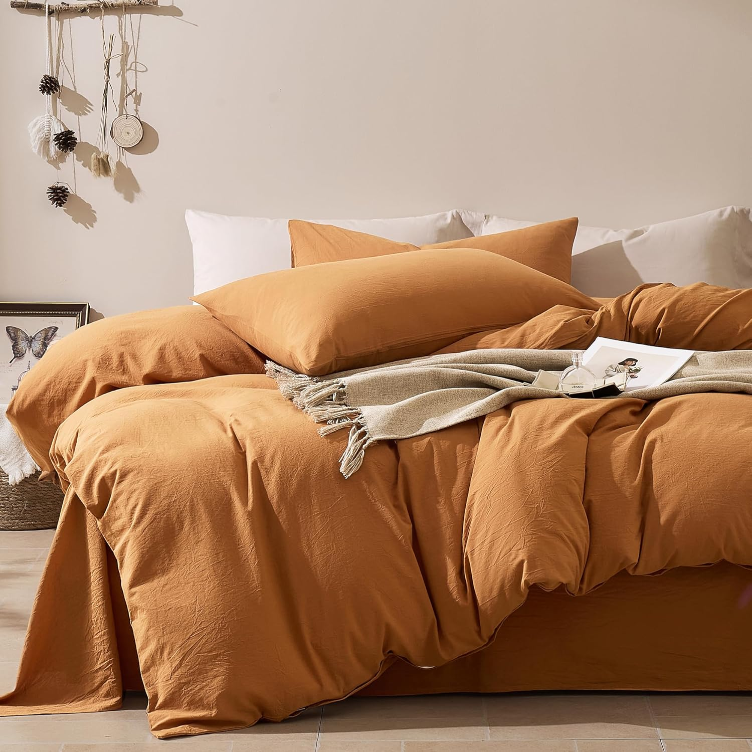 JELLYMONI Duvet Cover 100% Washed Cotton Comforter Cover with Linen-Like Texture,Breathable & Soft Bedding for Modern Home, Guest Room and Everyday Use,(Amber Orange, Cal King 104"x98"
