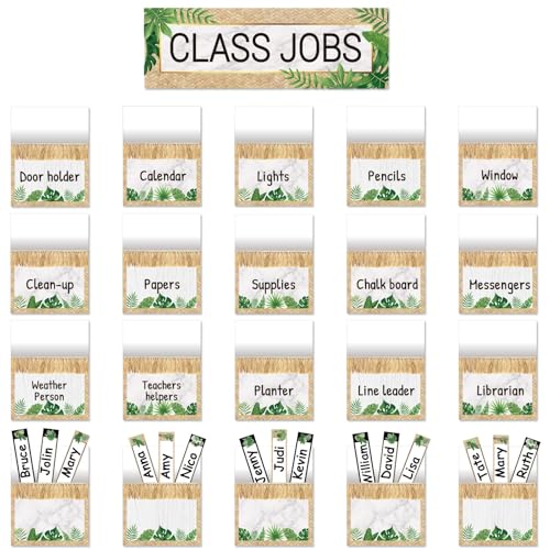 81 Piece Simply Boho Greenery Class Jobs Bulletin Board Greenery Classroom Jobs Pocket Chart Set Teacher's Helper Chalkboard Decor Classroom Bulletin Board Set Wall Decoration for Back to School