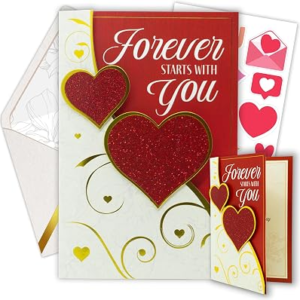 Decorably Foil & Glittery 5.5x8in Handmade Individual Valentines Day Card for Wife or Girlfriend with Heart Cutout, Envelope & Stickers for Romantic Partner, Printed Message Inside, Gifting & Mailing
