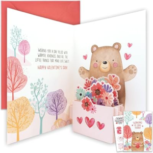 Decorably Glittery 5x7in Handmade Individual Pop Up Valentines Day Card for Loved Ones, Friends, Anyone, with Bear Cutout, Envelope and Stickers, with Printed Message Inside