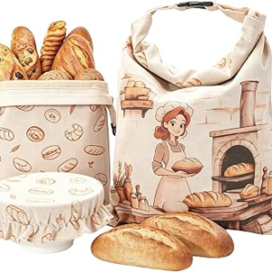 2 Packs Beeswax Bread Bags for Homemade Bread & Sourdough with Bowl Cover – 18″×13″ XL Organic Cotton Linen Reusable Beeswax Bag – Safe Storage, Baking Supplies,Freezer-Safe