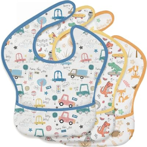 3 Pack Waterproof Baby Bibs for Eating, Mess Proof Feeding Bib | Lightweight & Wipeable Toddler Food Bibs, Large Catch-All Pocket, Food-Grade Baby Eating Essentials Gifts, Digger Dinosaur