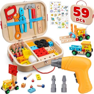 Kids Tool Set Toy for Boys – Educational Montessori Wooden Toddler Play Tool Box with Electric Drill – 59 Pcs STEM Construction Building Toys Christmas Birthday Gifts for 3 4 5 6 Year Old Boys Girls