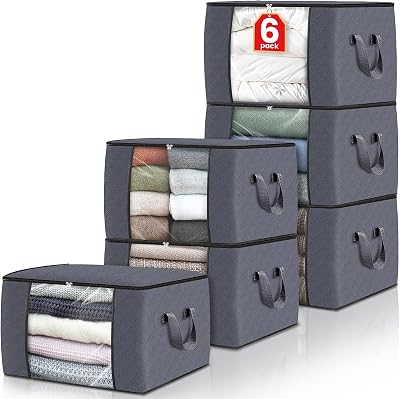 Fab totes 6 Pack Storage Bags for Clothes and Blanket, Foldable Closet Organizers and Storage with Zippers, Clear Window and Handles, Fabric Storage Bins for Sweater, Comforter, Be
