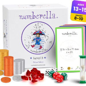 Numberella Deluxe Math Board Game – Level 3 | Ages 13–15, Grades 8–10 | Algebra, Geometry & Statistics | Middle School Math Game | Award-Winning STEM | 432 Questions, 6 Card Types | 2–5 Players