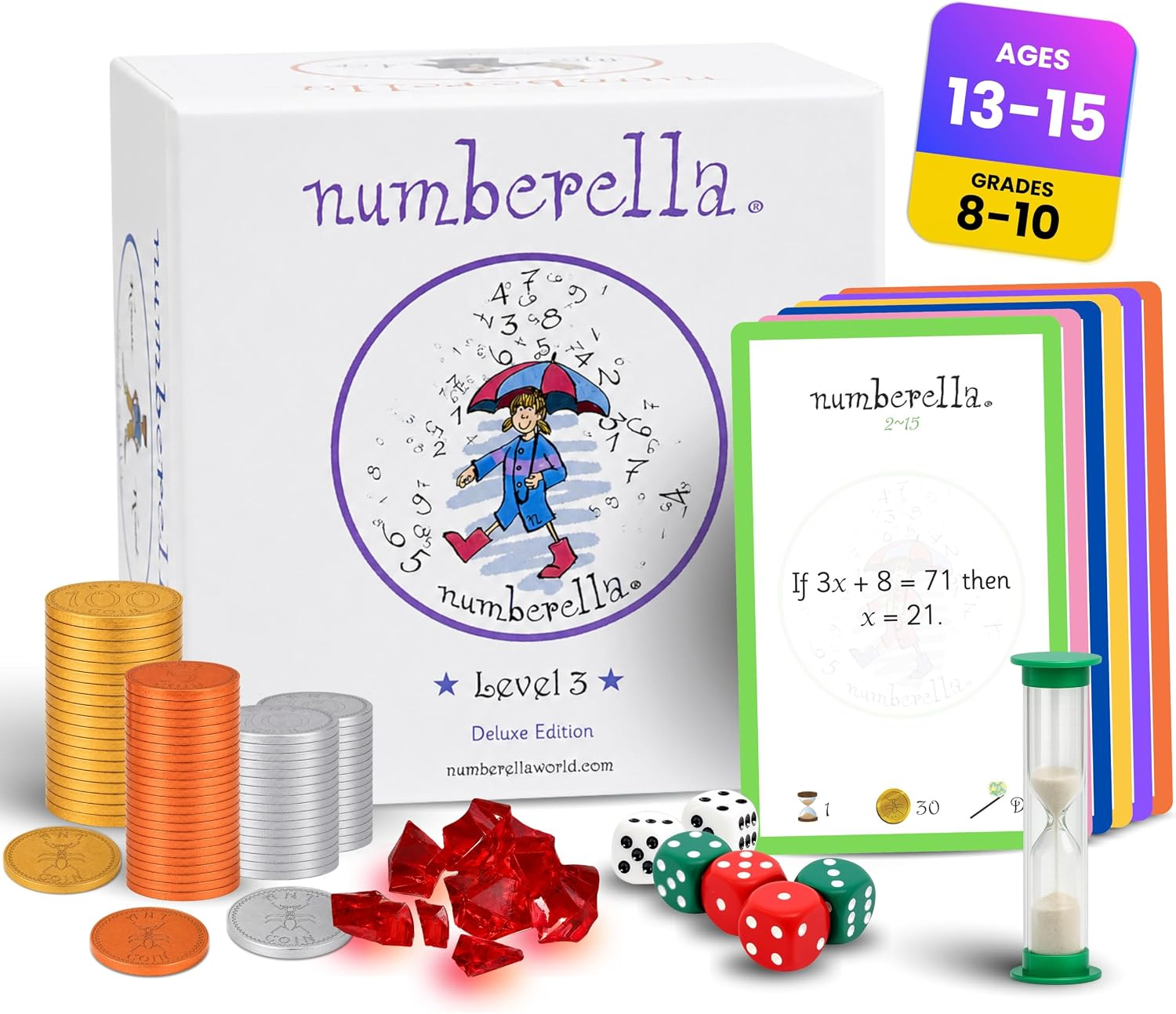 Numberella Deluxe Math Board Game – Level 3 | Ages 13–15, Grades 8–10 | Algebra, Geometry & Statistics | Middle School Math Game | Award-Winning STEM | 432 Questions, 6 Card Types | 2–5 Players